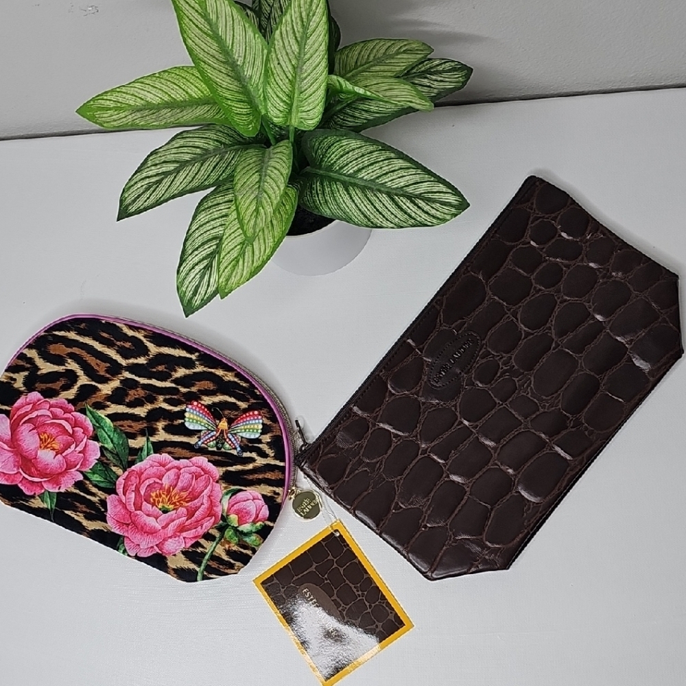 Bundle of 2 Cosmetic Bags  Estée Lauder Croc-Embossed & Floral Leopard Print New